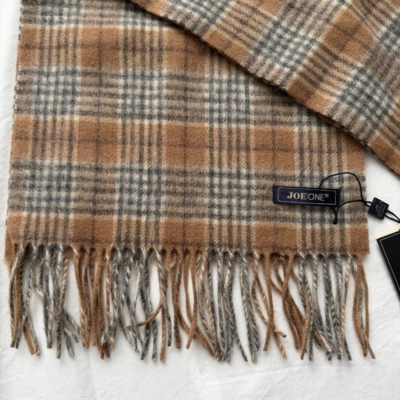 NWT JOE ONE 100% Cashmere Tan Gray Plaid Scarf - Picture 5 of 7